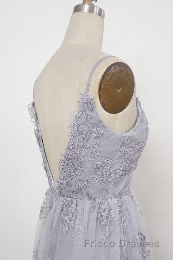 Spaghetti Straps Long Lace Formal Prom Gown, A Line V Neck Sleeveless Formal Prom Dress
