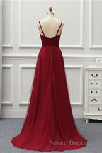 A Line High Low Tulle Formal Prom Dress with Train, Burgundy V Neck Backless Formal Prom Dress