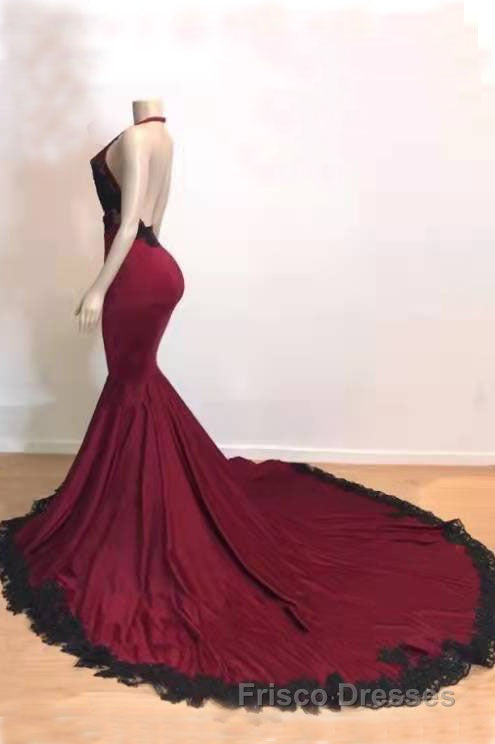 Burgundy Halter Deep V Neck Mermaid Formal Prom Dress with Lace, Long Evening Gown Secondary image