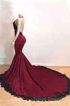Burgundy Halter Deep V Neck Mermaid Formal Prom Dress with Lace, Long Evening Gown