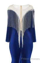 Deep V-neck Shiny Royal Blue Long sleeves Mermaid Formal Prom Dresses