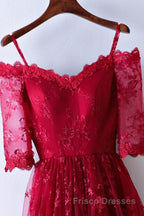 Half Sleeves Burgundy Lace Formal Prom Dresses, Wine Red Half Sleeves Long Lace Formal Evening Dresses