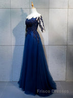 Half Sleeves Navy Blue Long Lace Formal Prom Dresses, Dark Navy Blue Long Lace Formal Bridesmaid Dresses