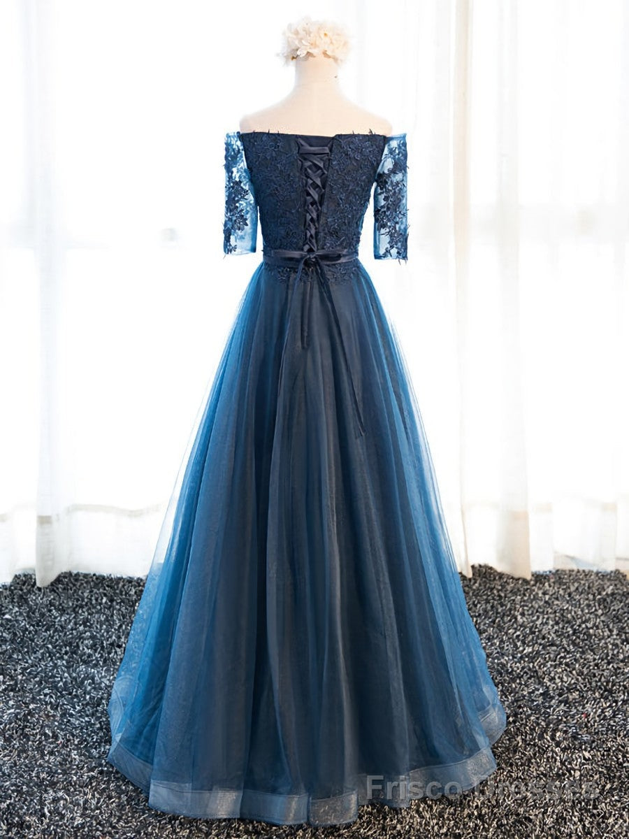 Half Sleeves Navy Blue Long Lace Prom Dresses, Navy Blue Lace Formal Bridesmaid Dresses Main image