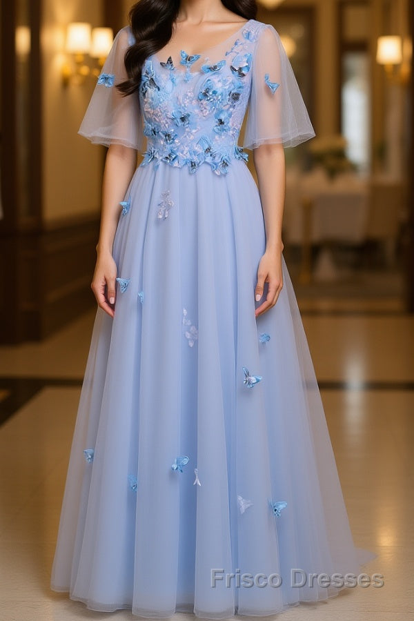 Half Sleeves Round Neck Blue Floral Long Formal Prom Dresses, Blue Long Formal Evening Dresses with Flower Main image