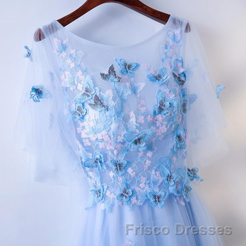 Half Sleeves Round Neck Blue Floral Long Formal Prom Dresses, Blue Long Formal Evening Dresses with Flower