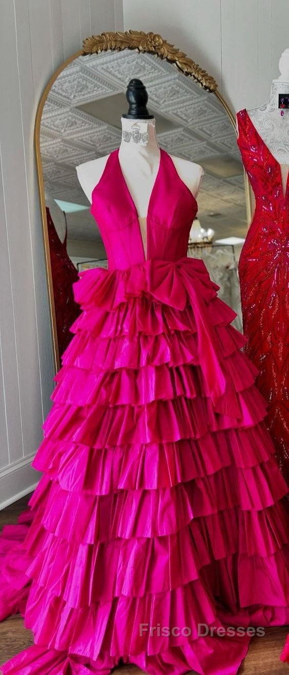 Halter A-Line Blue Satin Long Ruffled Formal Prom Dress With Slit