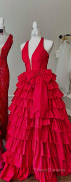 Halter A-Line Blue Satin Long Ruffled Formal Prom Dress With Slit