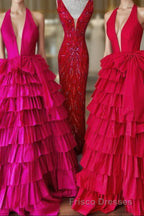 Halter A-Line Blue Satin Long Ruffled Formal Prom Dress With Slit