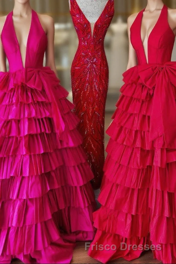 Halter A-Line Blue Satin Long Ruffled Formal Prom Dress With Slit