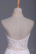 Halter Backless Chiffon Long Wedding Gown With Ruffles Pearl Lace
