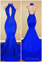 Halter Backless Mermaid Royal Blue Prom Dresses