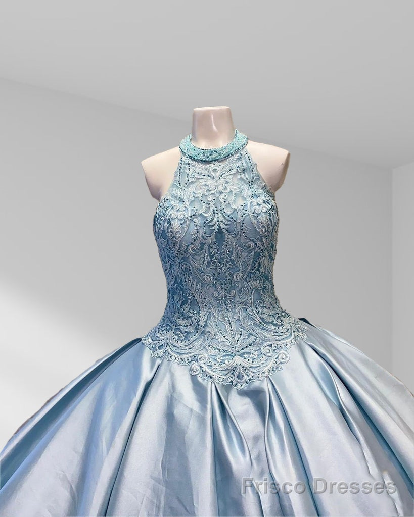 Halter Beaded Sky Blue Satin Ball Gown Quinceaera Dress Secondary image