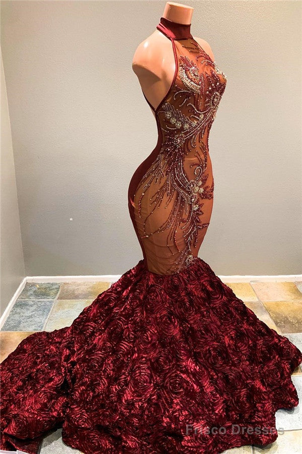 Halter Fit And Flare Flowers Maroon Prom Dresses Full Beads Sequins Luxurious Evening Dress Main image