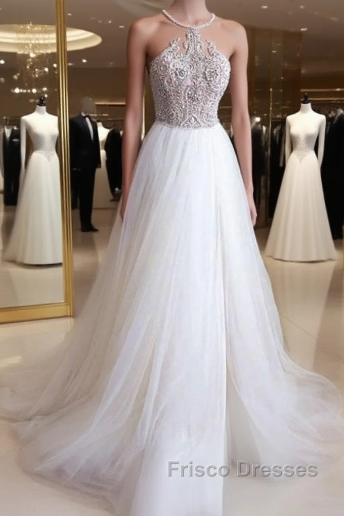 Halter Illusion neck High split A line Tulle Princess Wedding Dress Main image