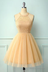 Halter Lace Champagne Homecoming Dress