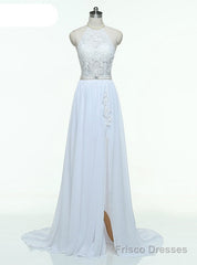Halter Lace Top Sexy Backless Beach Cheap Beading Waist Split Evening Gown Long Dresses