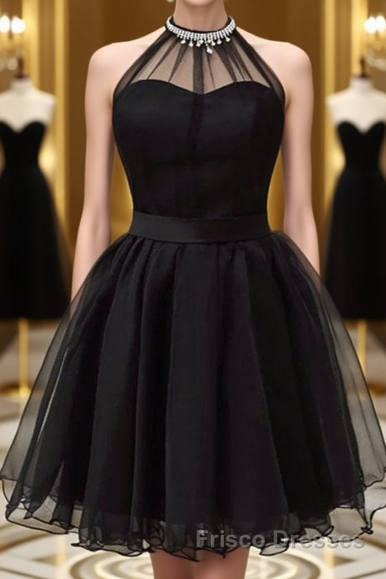 Halter Neck Backless Black Short Formal Prom Dresses, Open Back Black Homecoming Dresses Main image