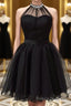 Halter Neck Backless Black Short Formal Prom Dresses, Open Back Black Homecoming Dresses