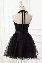 Halter Neck Backless Black Short Formal Prom Dresses, Open Back Black Homecoming Dresses