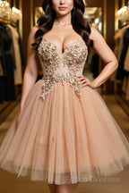 Halter Neck Backless Champagne 3D Floral Short Formal Prom Dresses, Backless Champagne Formal Graduation Homecoming Dresses