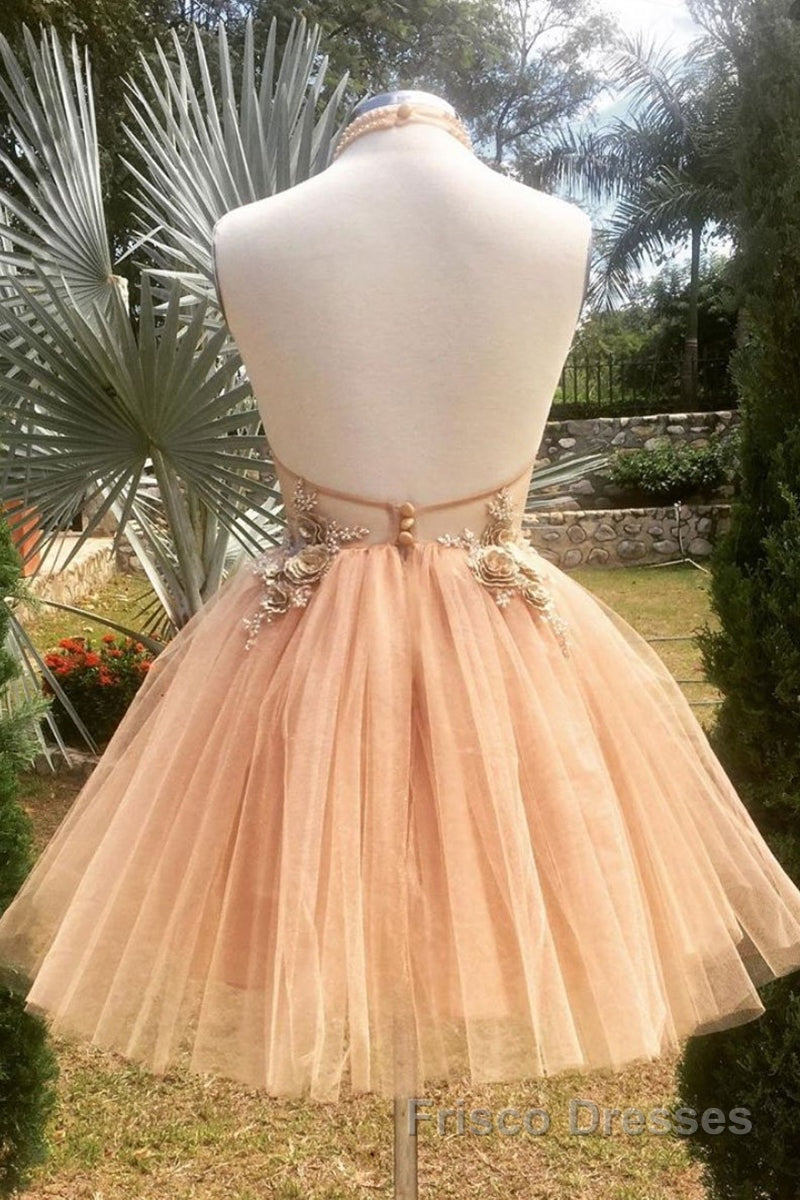 Halter Neck Backless Champagne 3D Floral Short Formal Prom Dresses, Backless Champagne Formal Graduation Homecoming Dresses