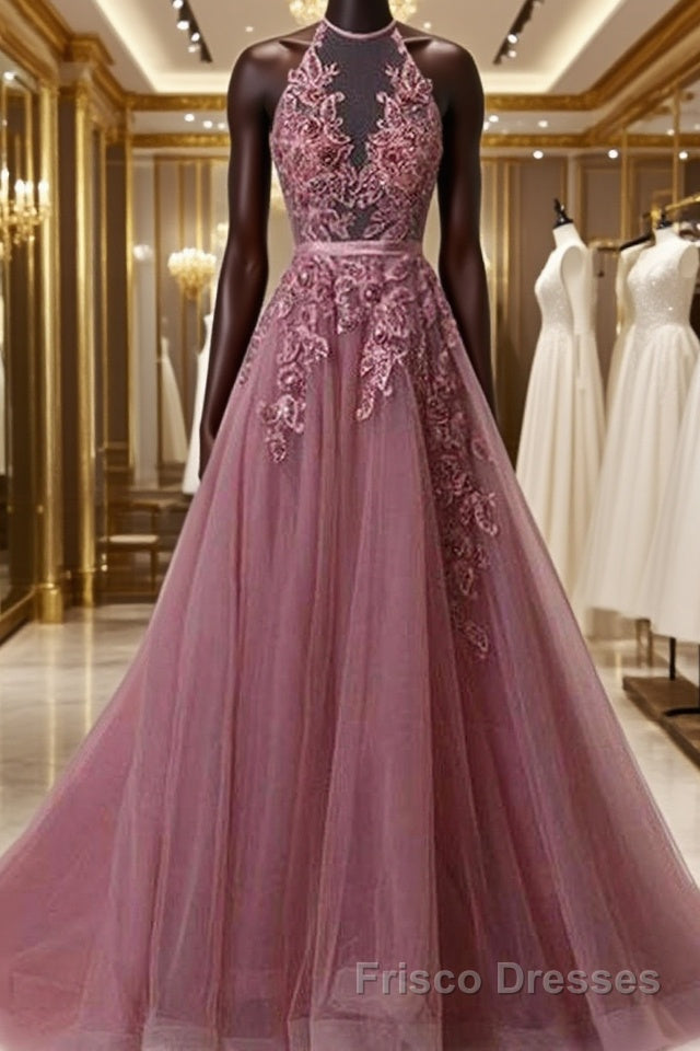 Halter Neck Backless Lace Formal Prom Dresses, Open Back Halter Neck Lace Formal Evening Dresses Main image