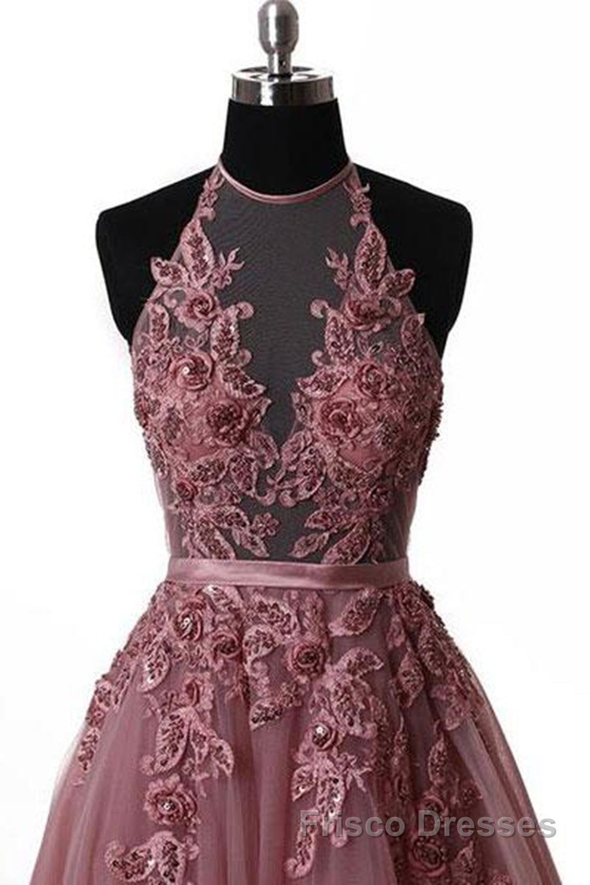 Halter Neck Backless Lace Formal Prom Dresses, Open Back Halter Neck Lace Formal Evening Dresses Secondary image