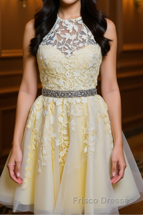 Halter Neck Backless Short Yellow Lace Formal Prom Dresses, Yellow Lace Formal Graduation Homecoming Dresses Main image