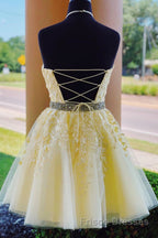 Halter Neck Backless Short Yellow Lace Formal Prom Dresses, Yellow Lace Formal Graduation Homecoming Dresses