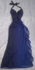 Halter Neck Dark Blue Mermaid Long Prom Dresses