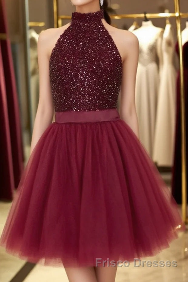 Halter Neck Open Back Beaded Burgundy Formal Prom Dresses, Backless Burgundy Homecoming Dresses, Short Burgundy Formal Evening Dresses Main image