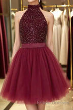 Halter Neck Open Back Beaded Burgundy Formal Prom Dresses, Backless Burgundy Homecoming Dresses, Short Burgundy Formal Evening Dresses