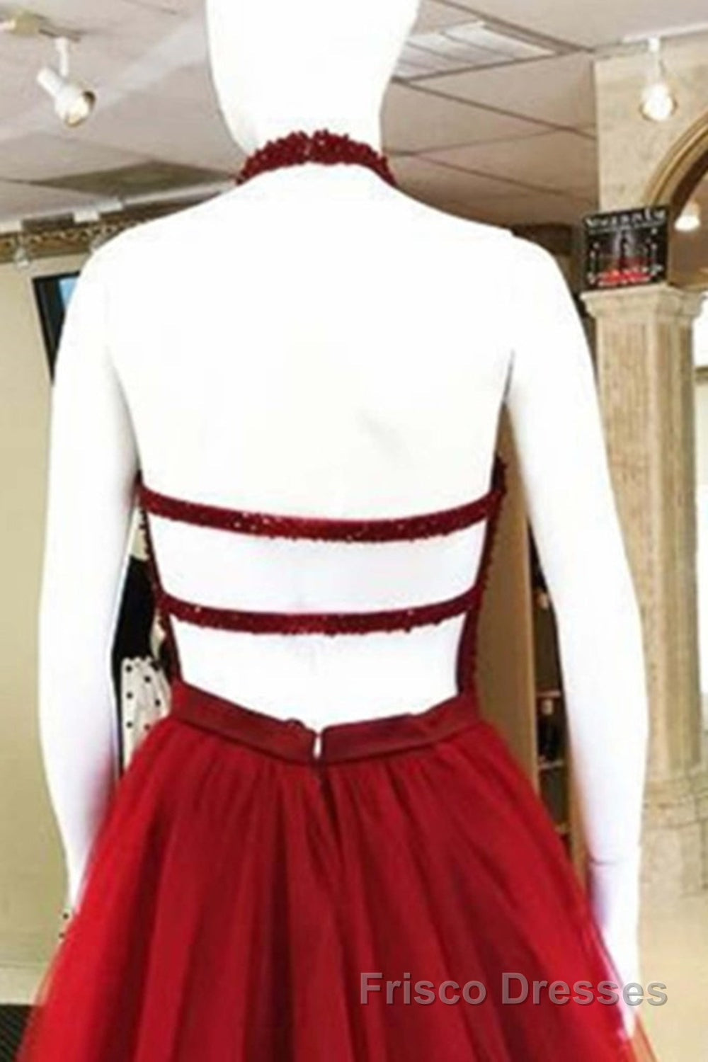 Halter Neck Open Back Beaded Burgundy Formal Prom Dresses, Backless Burgundy Homecoming Dresses, Short Burgundy Formal Evening Dresses Secondary image