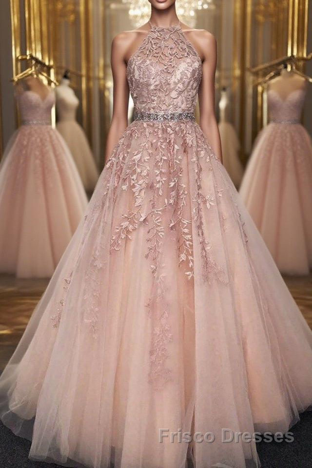 Halter Neck Pink Lace Long Formal Prom Dresses with Belt, Pink Lace Formal Dresses, Pink Evening Dresses Main image