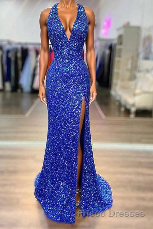Halter Neck Royal Blue Long Formal Prom Dresses, Shiny Royal Blue Long Formal Evening Dresses Main image
