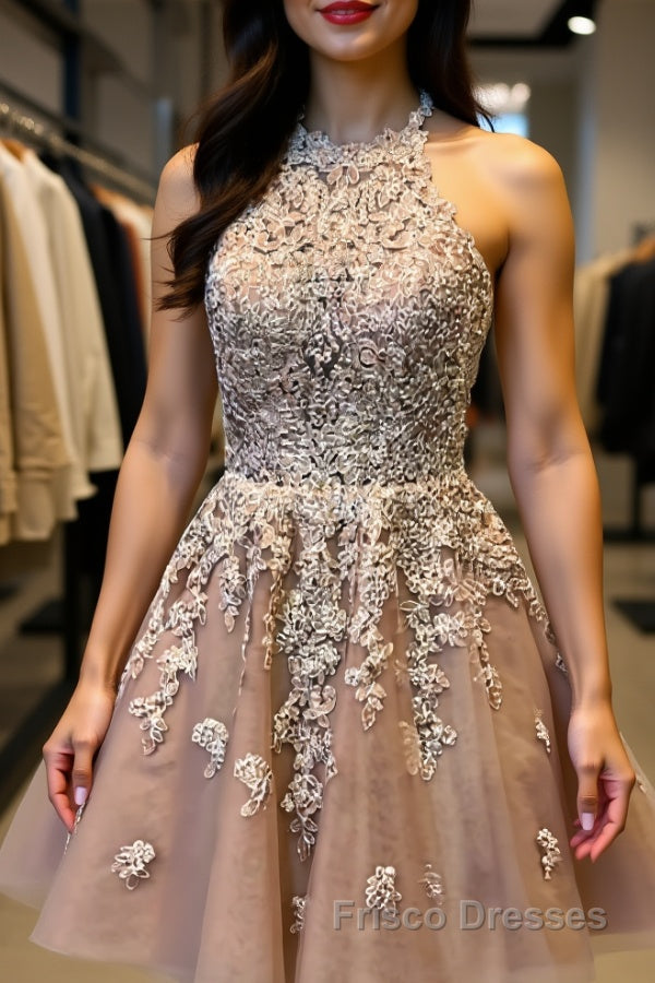 Halter Neck Short Champagne Lace Formal Prom Dresses, Champagne Lace Formal Graduation Homecoming Dresses Main image