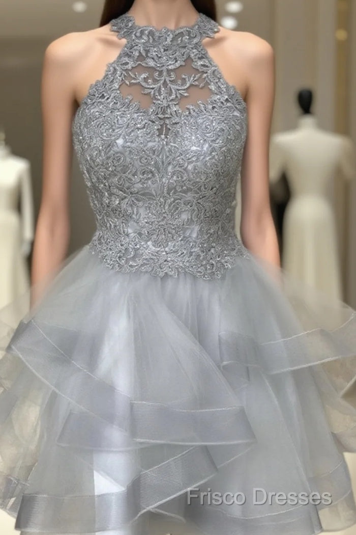 Halter Neck Short Gray Lace Formal Prom Dress, Short Gray Lace Formal Graduation Dress