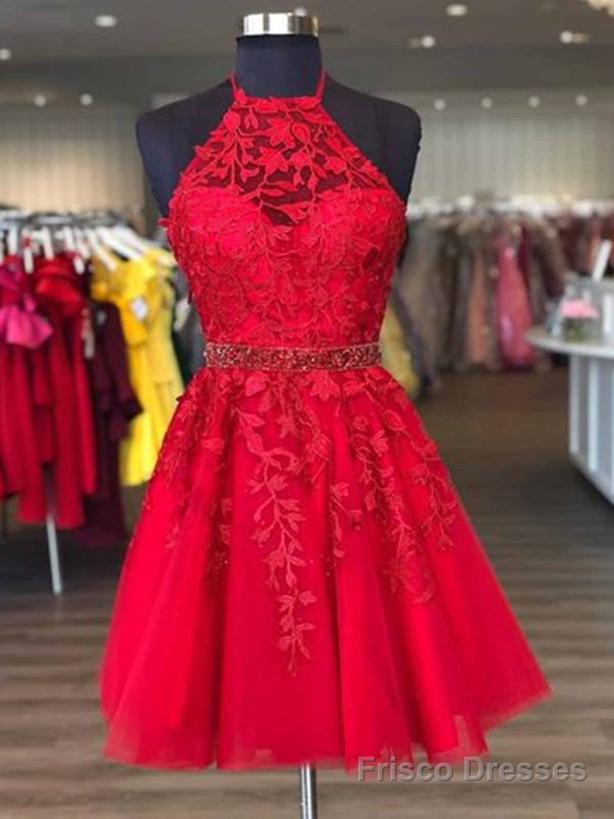 Halter Neck Short Red Lace Prom Dresses, Short Red Lace Formal Homecoming Dresses Main image