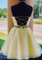 Halter Neck Short Yellow Lace Formal Prom Dressesses, Backless Short Yellow Lace Formal Homecoming Dresses