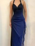Halter Ombre Navy Blue Long Chiffon Prom Dress