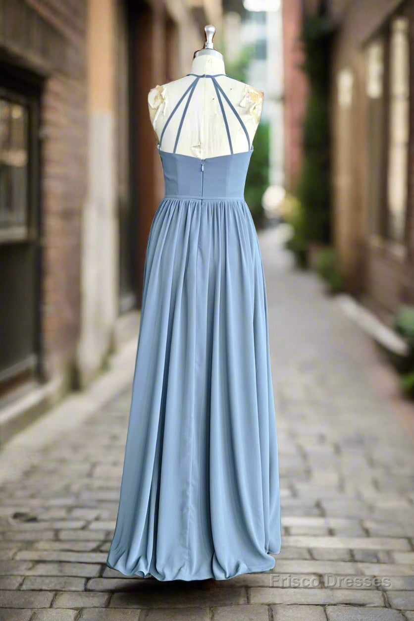Halter Open Back High Neck Chiffon Long Dusty Blue Plus Size Bridesmai