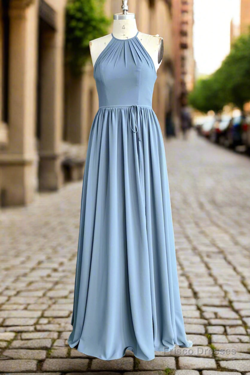 Halter Open Back High Neck Chiffon Long Dusty Blue Plus Size Bridesmaid Dress Main image
