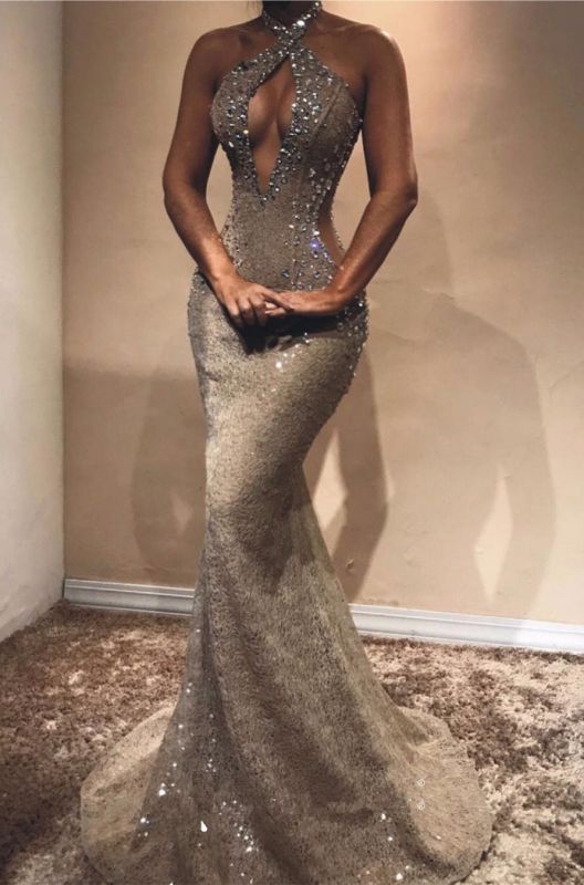 Halter Open Back Long Prom Dresses Cheap Shiny Beads Crystals Illusion Mermaid Formal Gowns Main image