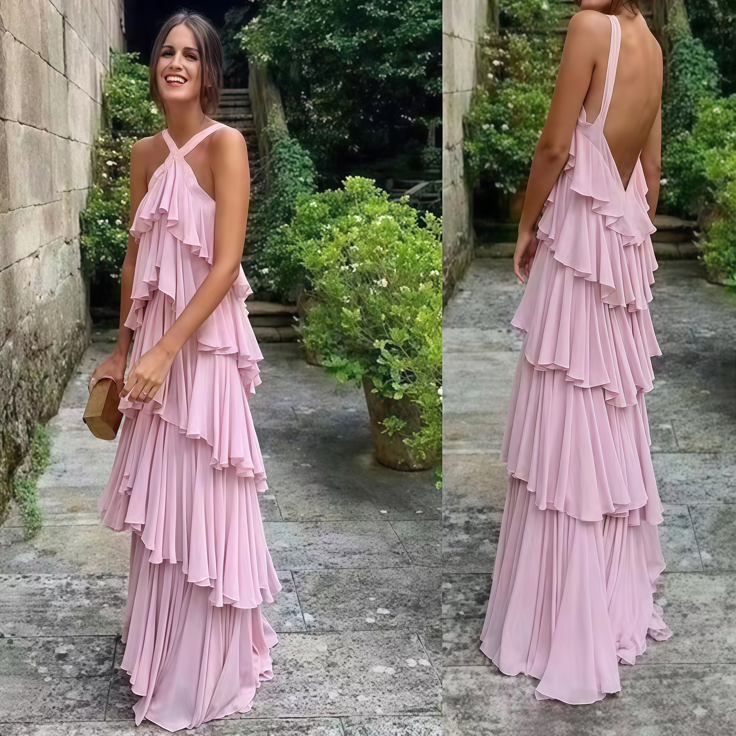 Halter Pink Chiffon Long Prom Evening Dresses Layers Chiffon Custom Made Party Dress Secondary image