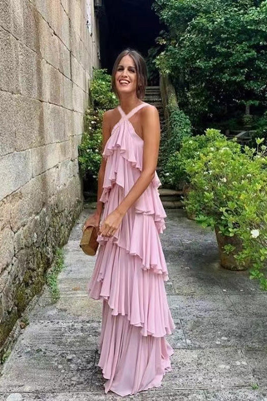 Halter Pink Chiffon Long Prom Evening Dresses Layers Chiffon Custom Made Party Dress