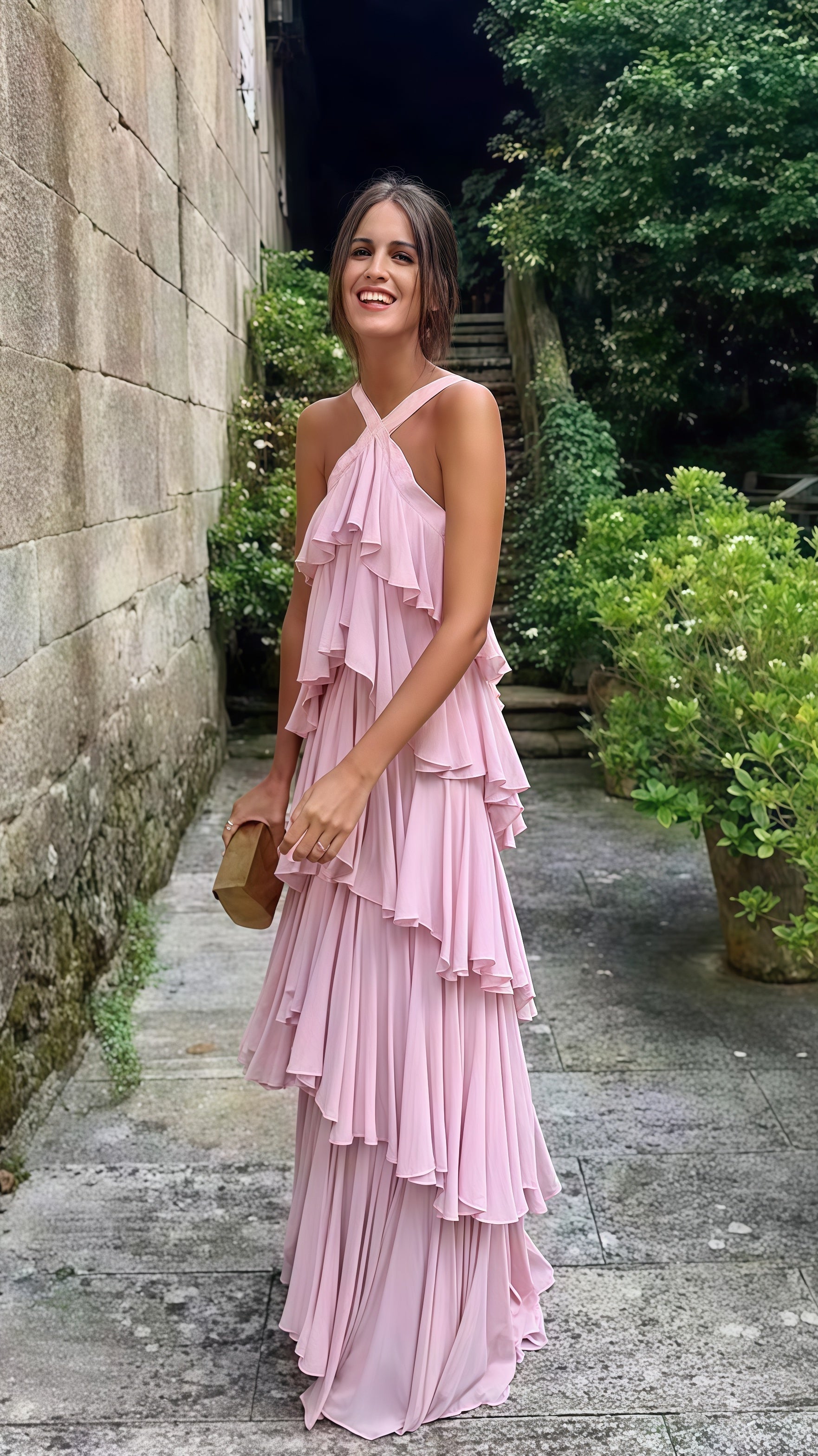 Halter Pink Chiffon Long Prom Evening Dresses Layers Chiffon Custom Made Party Dress Main image