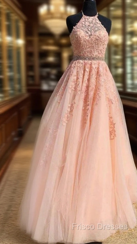 Halter Pink Lace Formal Prom Dress With Appliques,