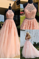 Halter Pink Lace Prom Dress With Appliques,
