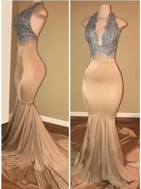Halter Prom Dresses Sleeveless Mermaid Lace Prom Dress